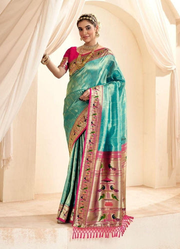 Mahgul | Aqua Celeste Banarasi Tissue Paithani Silk Zari Weaved | Banarasii