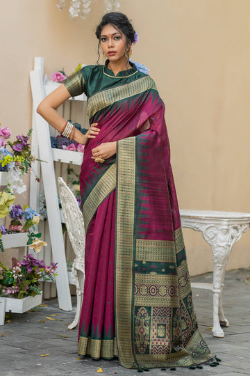 Nazrana | Mulberry Wine Tussar Silk Weaved Saree | Banarasii