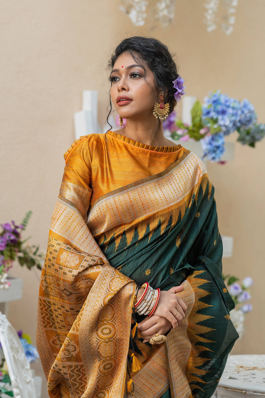 Nazrana | Emerald Green Tussar Silk Weaved Saree | Banarasii