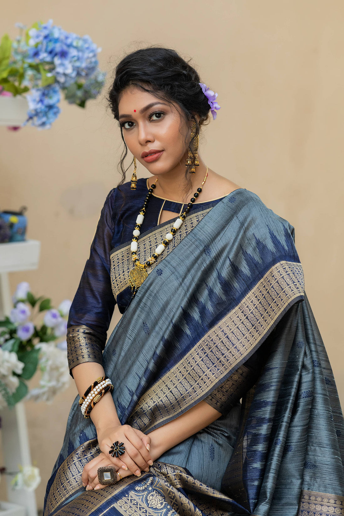 Nazrana | Steel Sapphire Tussar Silk Weaved Saree | Banarasii