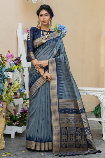Nazrana | Steel Sapphire Tussar Silk Weaved Saree | Banarasii