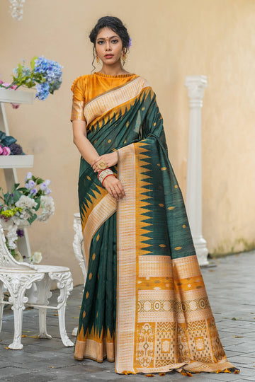 Nazrana | Emerald Moss Tussar Silk Weaved Saree | Banarasii