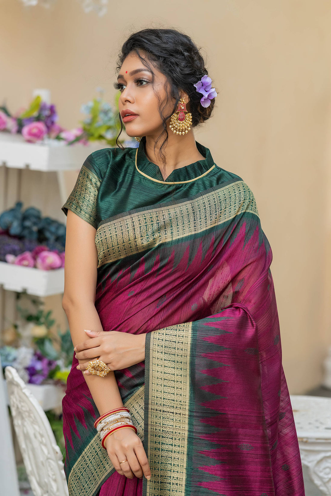 Nazrana | Mulberry Wine Tussar Silk Weaved Saree | Banarasii