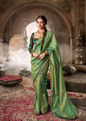 Rimsha | Celadon Mint Premium Tissue Silk Lace Border Saree | Banarasii