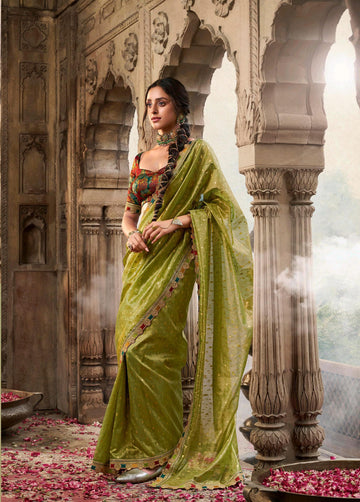 Rimsha | Pistachio Olive Premium Tissue Silk Lace Border Saree | Banarasii