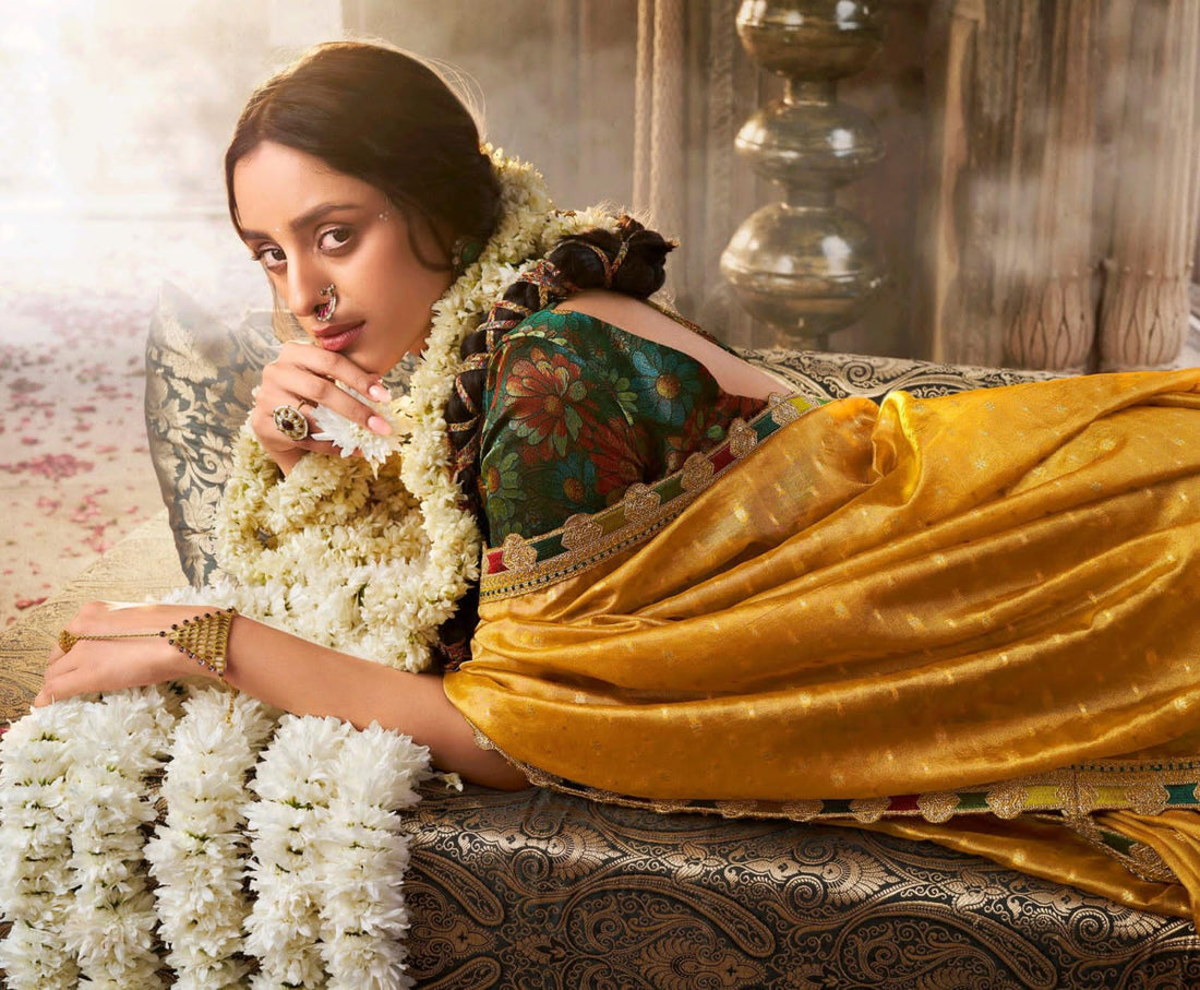 Rimsha | Saffron Gold Premium Tissue Silk Lace Border Saree | Banarasii