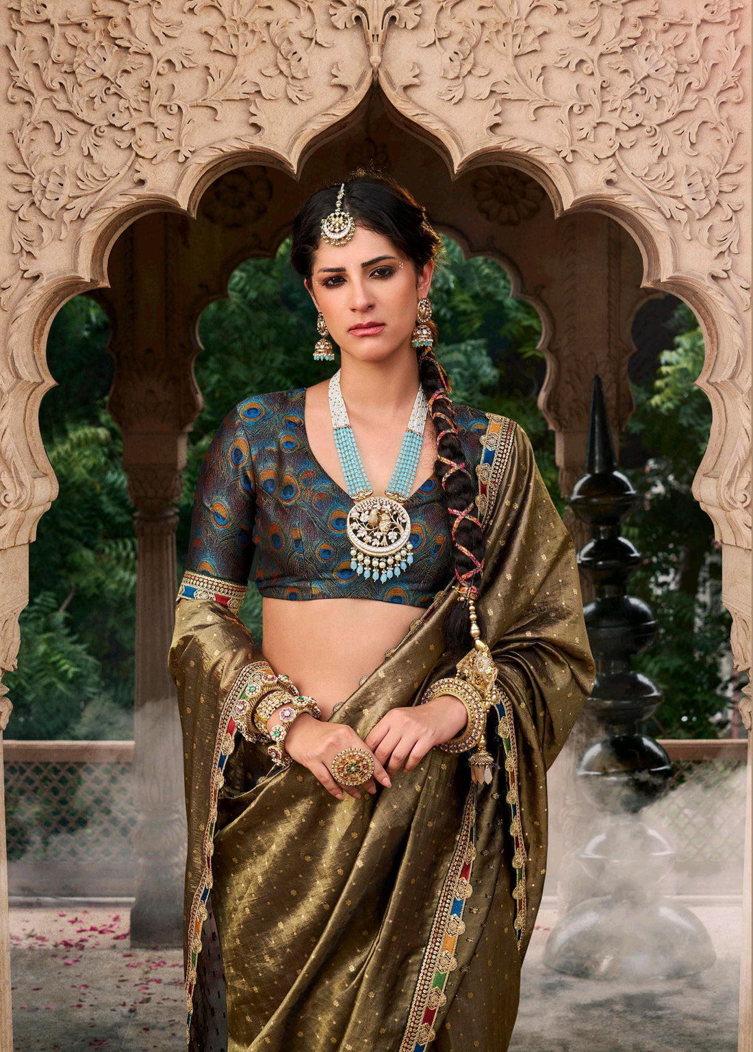 Rimsha | Imperial Olive Premium Tissue Silk Lace Border Saree | Banarasii