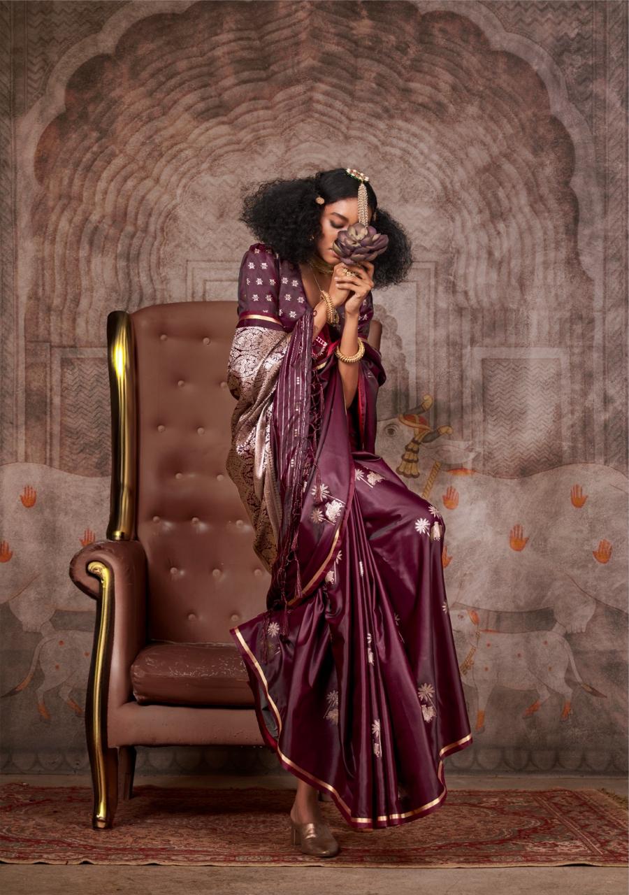 Mahveen | Royal Aubergine Banarasi Satin Silk Zari Weaved Saree | Banarasii