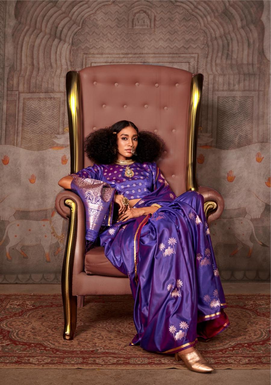 Mahveen | Royal Amethyst Banarasi Satin Silk Zari Weaved Saree | Banarasii