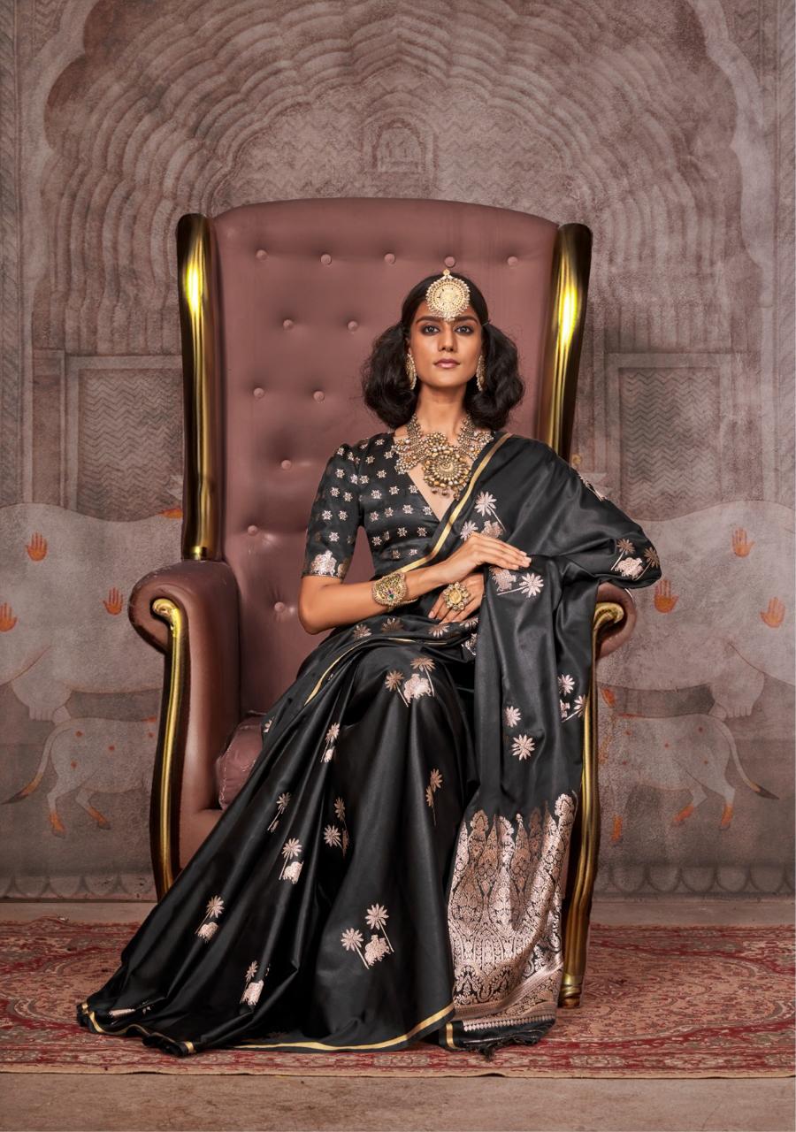 Mahveen | Noir Onyx Banarasi Satin Silk Zari Weaved Saree | Banarasii