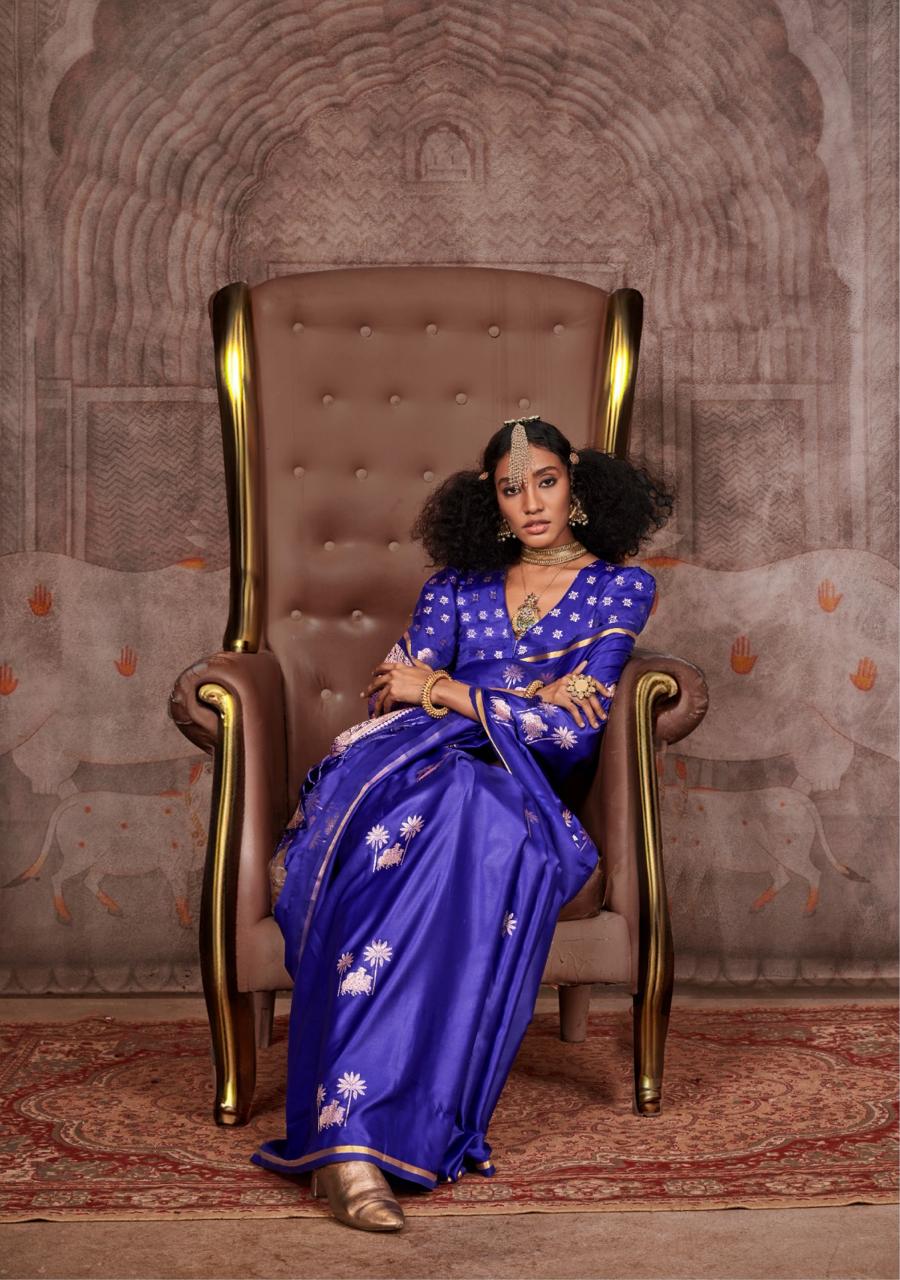 Mahveen | Sapphire Royale Banarasi Satin Silk Zari Weaved Saree | Banarasii