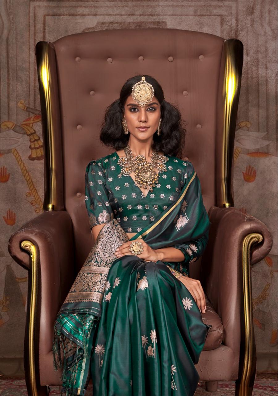 Mahveen | Imperial Emerald Banarasi Satin Silk Zari Weaved Saree | Banarasii