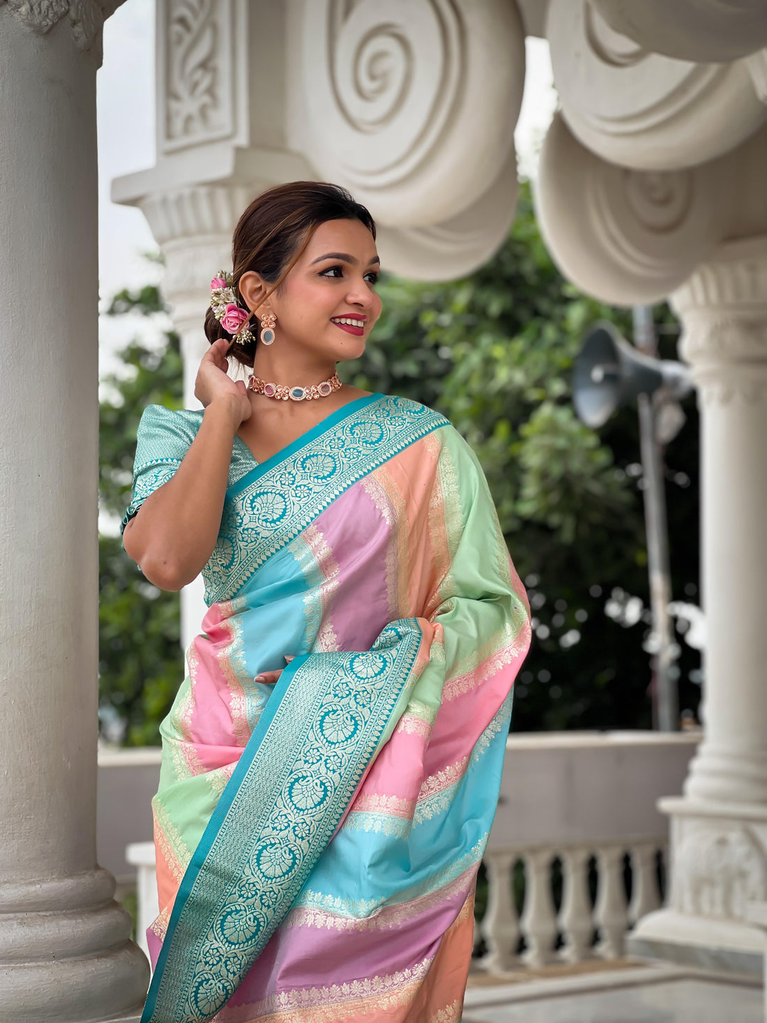 Naubahar | Pastel Multicolor Banarasi Silk Zari Weaved Saree | Banarasii