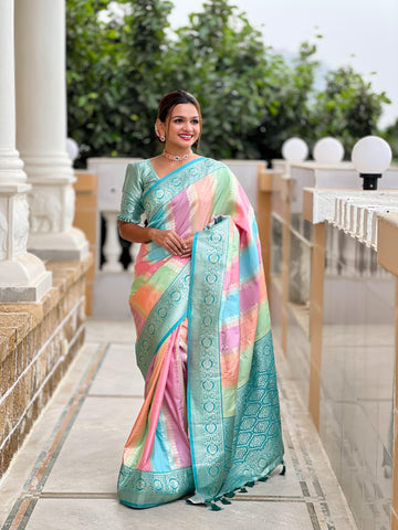 Naubahar | Pastel Multicolor Banarasi Silk Zari Weaved Saree | Banarasii