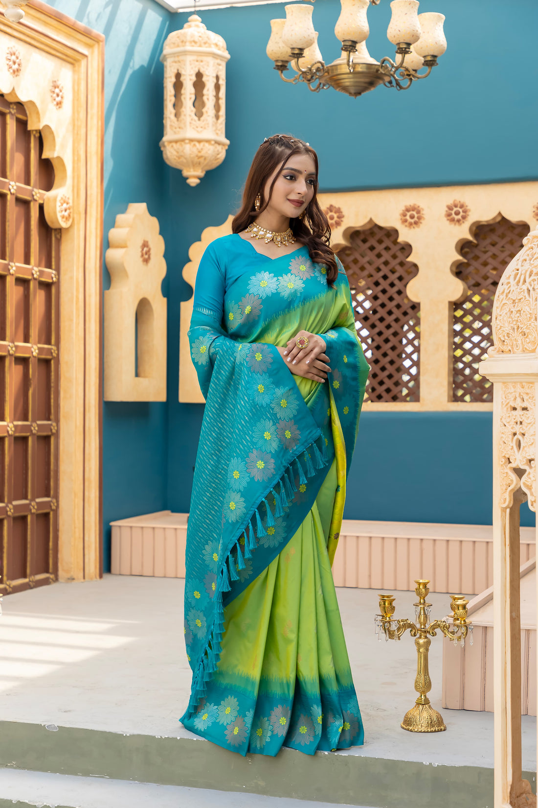 Nigar | Aqua Lime Banarasi Silk Zari Weaved Saree | Banarasii