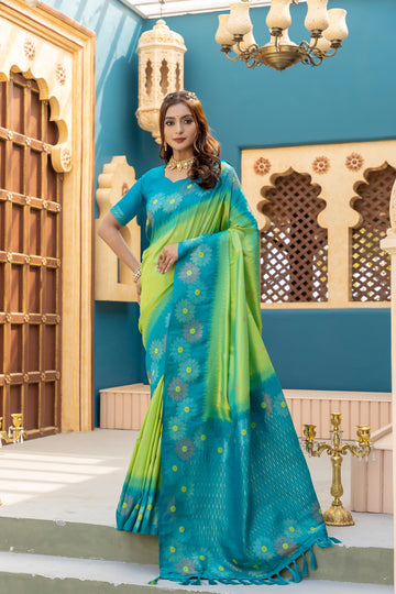 Nigar | Aqua Lime Banarasi Silk Zari Weaved Saree | Banarasii