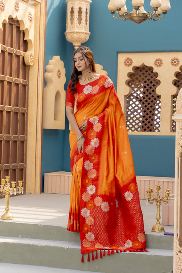 Nigar | Tangerine Orange Banarasi Silk Zari Weaved Saree | Banarasii