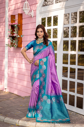 Nigar | Lilac Bloom Banarasi Silk Zari Weaved Saree | Banarasii