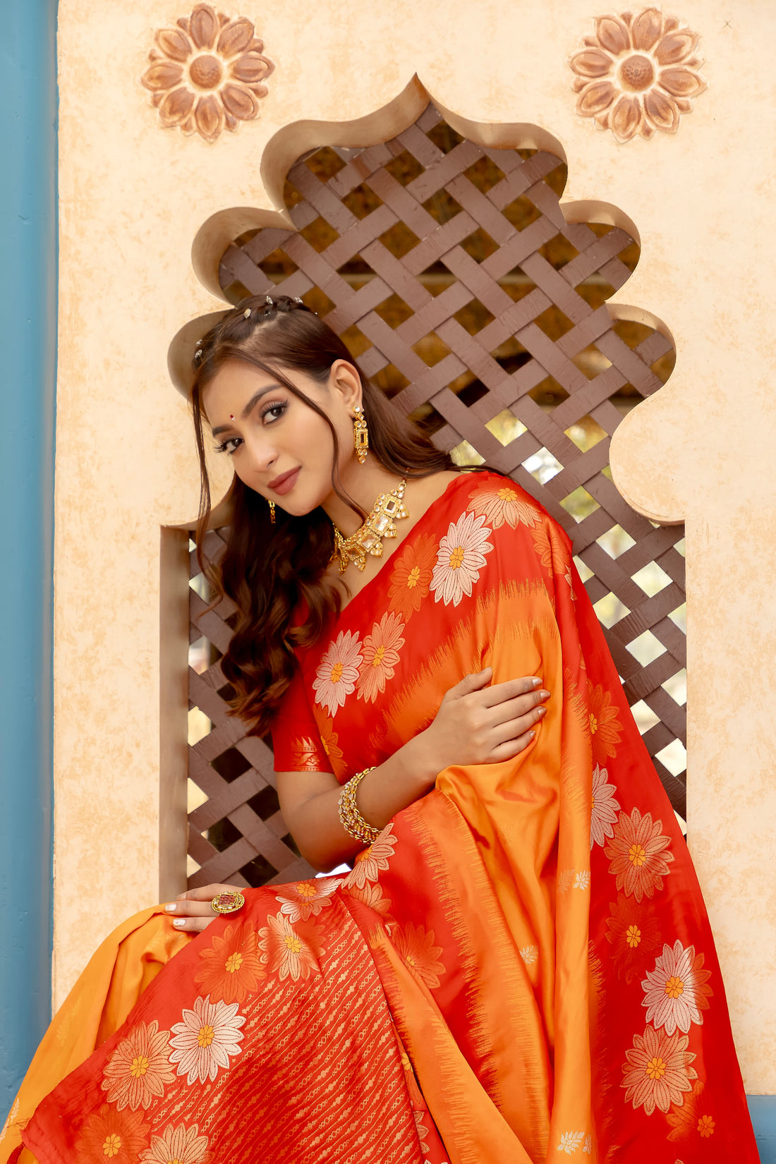 Nigar | Tangerine Orange Banarasi Silk Zari Weaved Saree | Banarasii