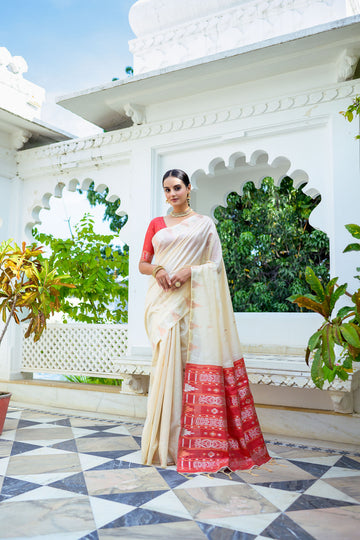 Nazakat | Ivory Tussar Silk Zari Weaved Saree | Banarasii