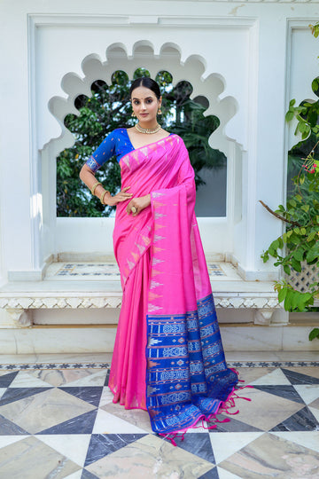 Nazakat | Rani Pink Tussar Silk Zari Weaved Saree | Banarasii
