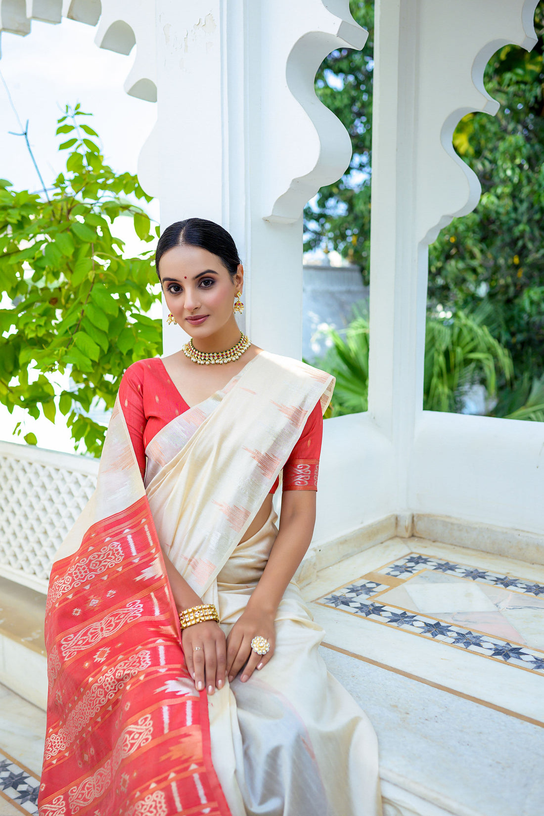 Nazakat | Ivory Tussar Silk Zari Weaved Saree | Banarasii