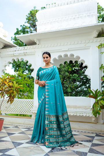 Nazakat | Peacock Blue Tussar Silk Zari Weaved Saree | Banarasii