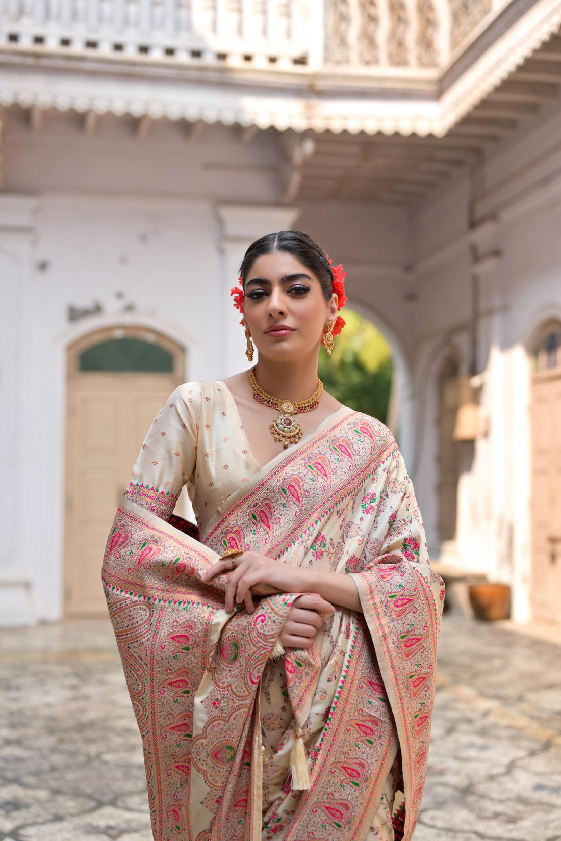 Kohinoor | Ivory Blush Pashmina Kashmiri Silk Zari Meena Weaved Saree | Banarasii