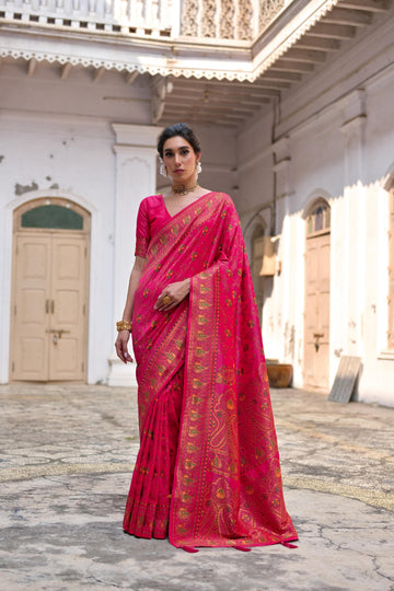 Kohinoor | Maharani Pink Pashmina Kashmiri Silk Zari Meena Weaved Saree | Banarasii