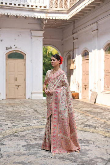 Kohinoor | Ivory Blush Pashmina Kashmiri Silk Zari Meena Weaved Saree | Banarasii