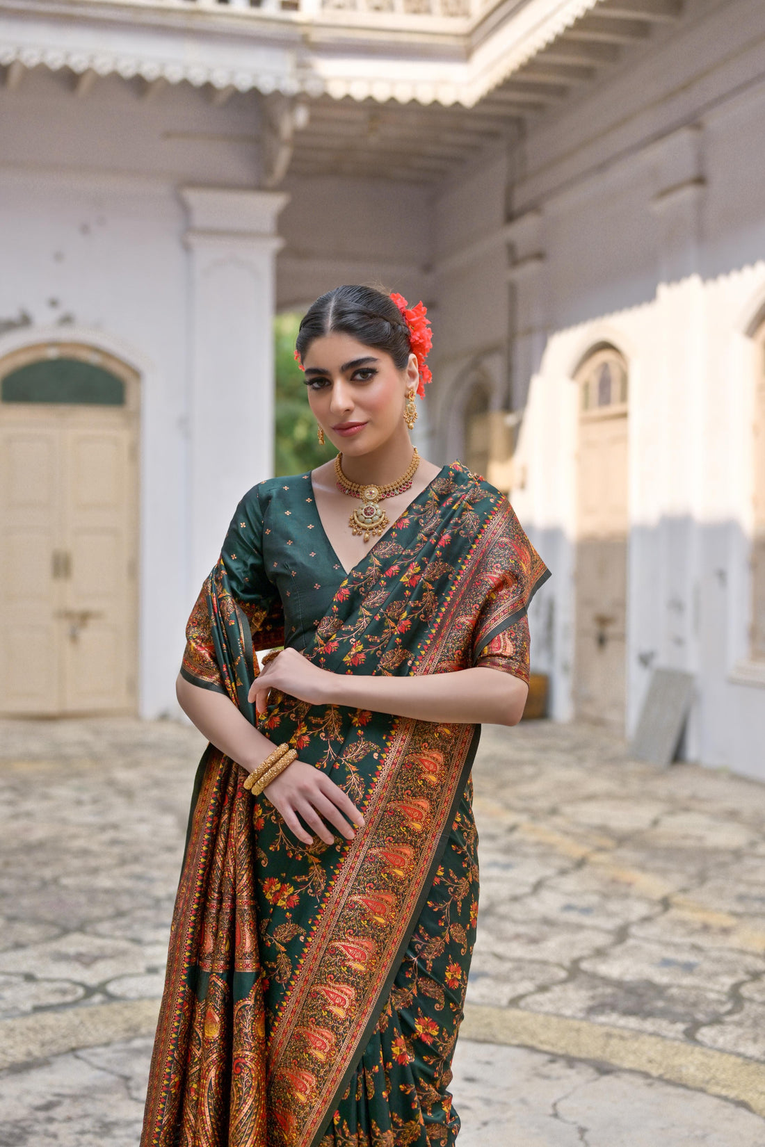 Kohinoor | Mughal Emerald Pashmina Kashmiri Silk Zari Meena Weaved Saree | Banarasii
