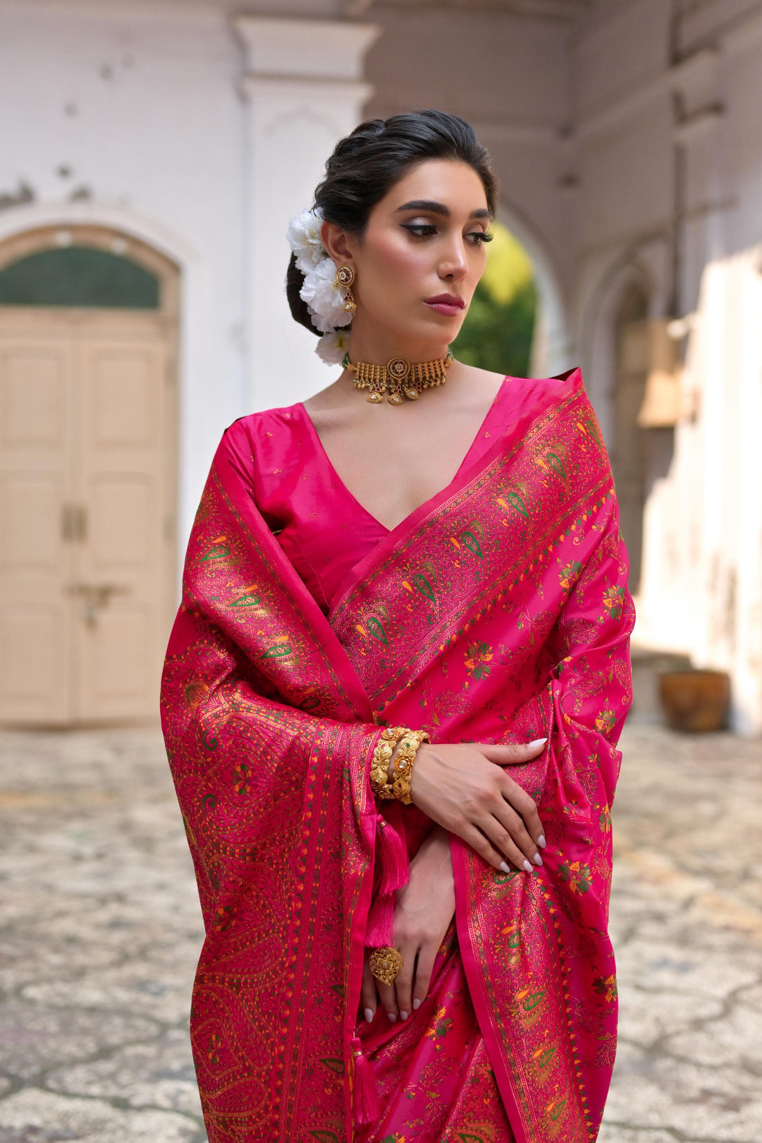 Kohinoor | Maharani Pink Pashmina Kashmiri Silk Zari Meena Weaved Saree | Banarasii