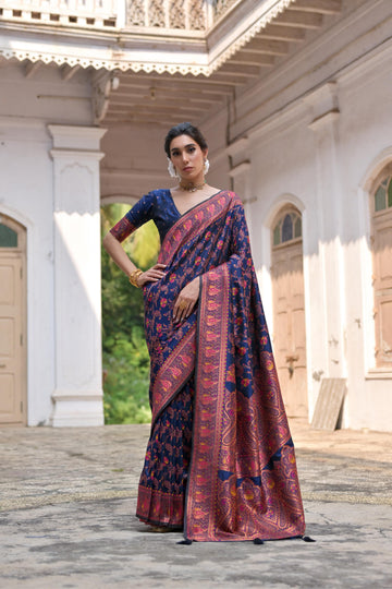 Kohinoor | Noor-e-Neel Pashmina Kashmiri Silk Zari Meena Weaved Saree | Banarasii