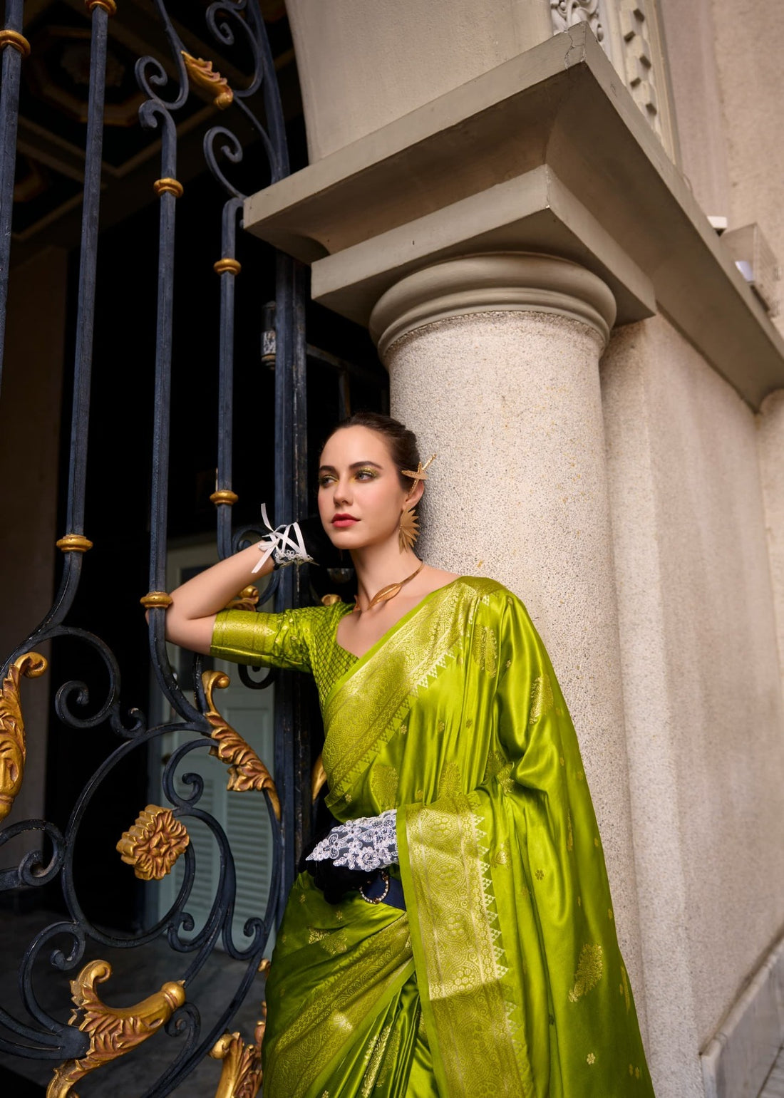 Tajalli | Raw Mango Green Banarasi Silk Rich Zari Weaved Saree | Banarasii