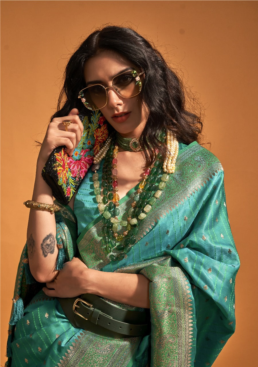Shehzadi | Peacock Teal | Pure Banarasi Silk Rich Zari Weaved Saree | Banarasii