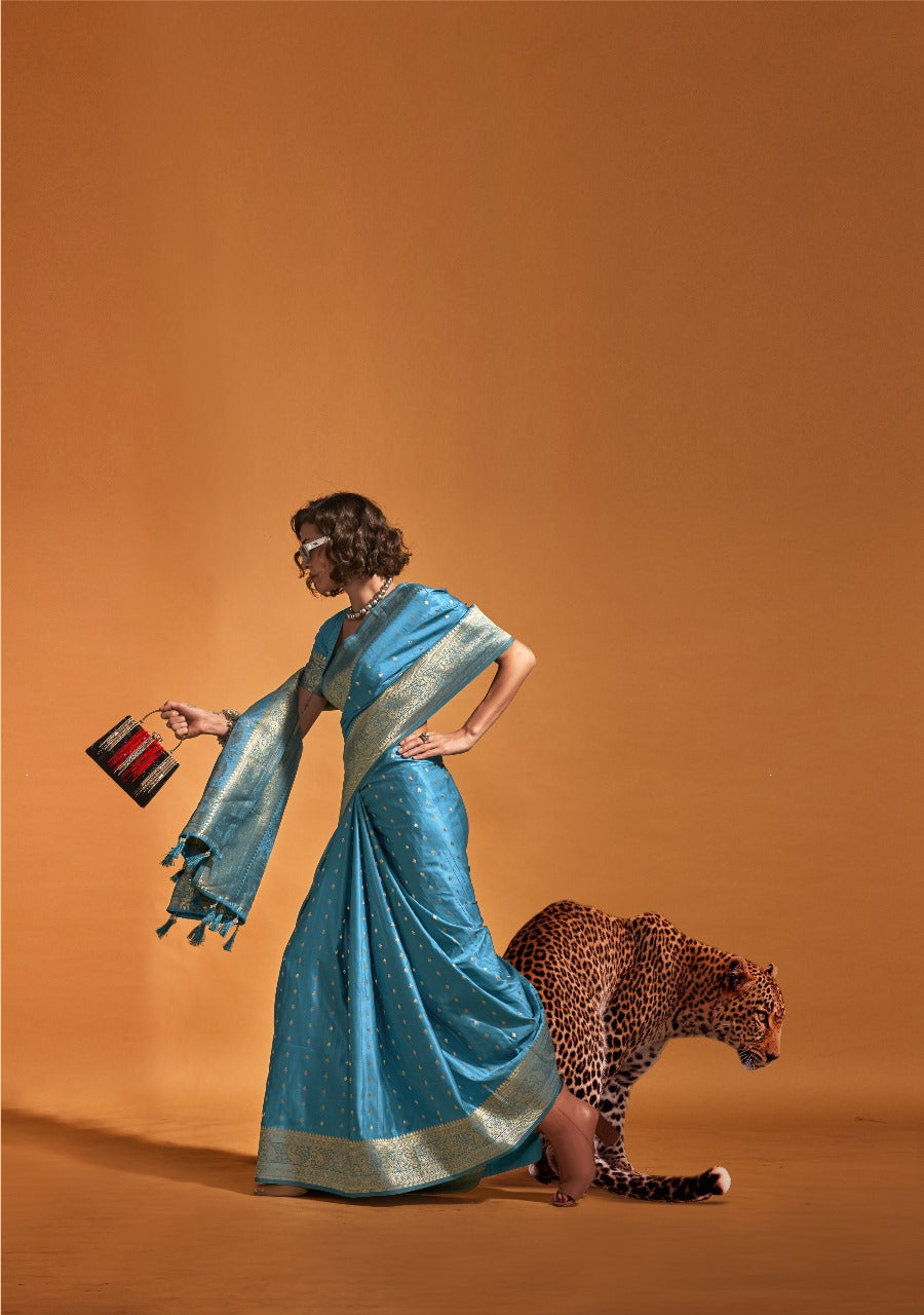 Shehzadi | Azure Blue | Pure Banarasi Silk Rich Zari Weaved Saree | Banarasii