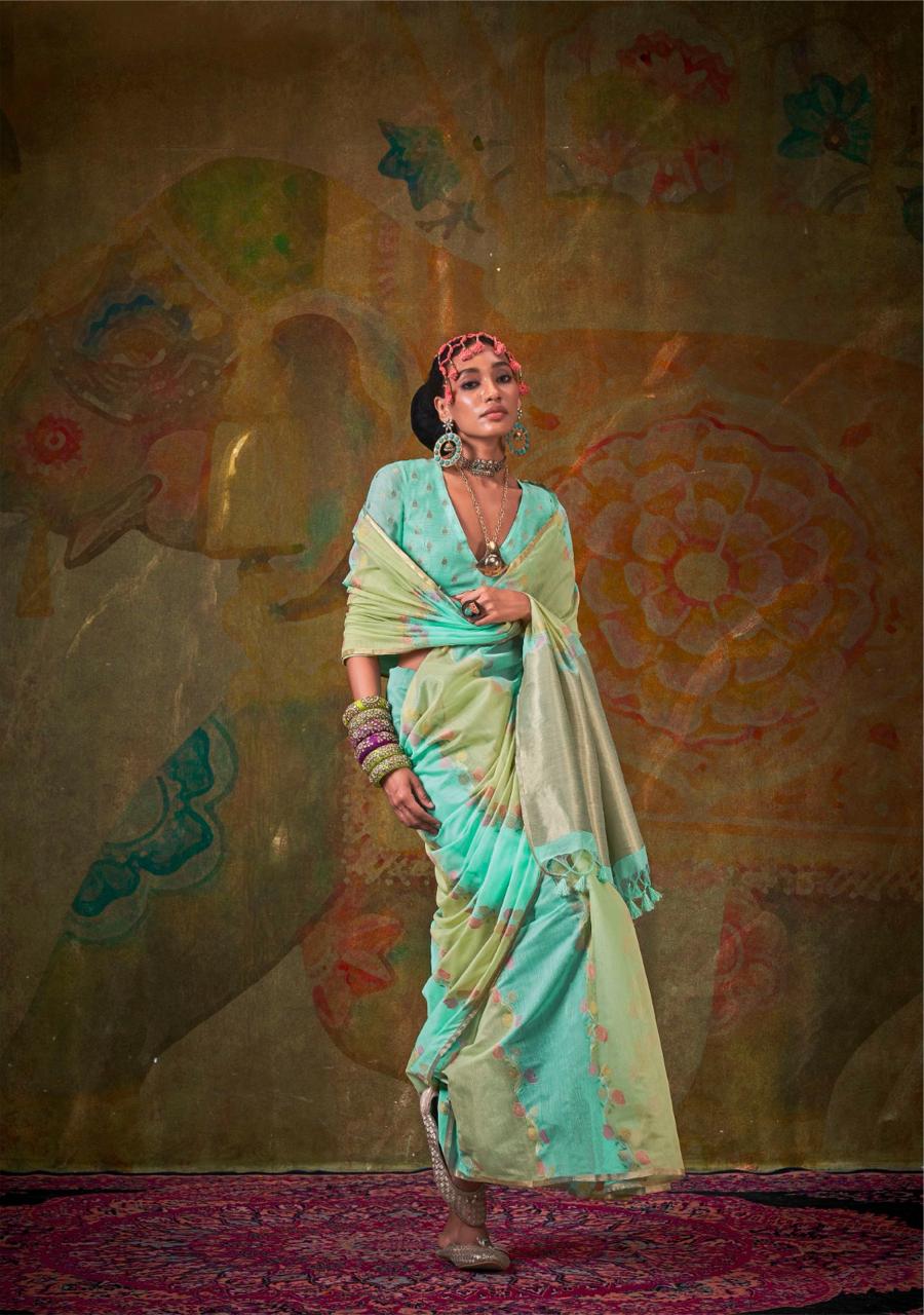 Hoorain | Seafoam Mint Banarasi Silk Rich Zari Resham Weaved Saree | Banarasii
