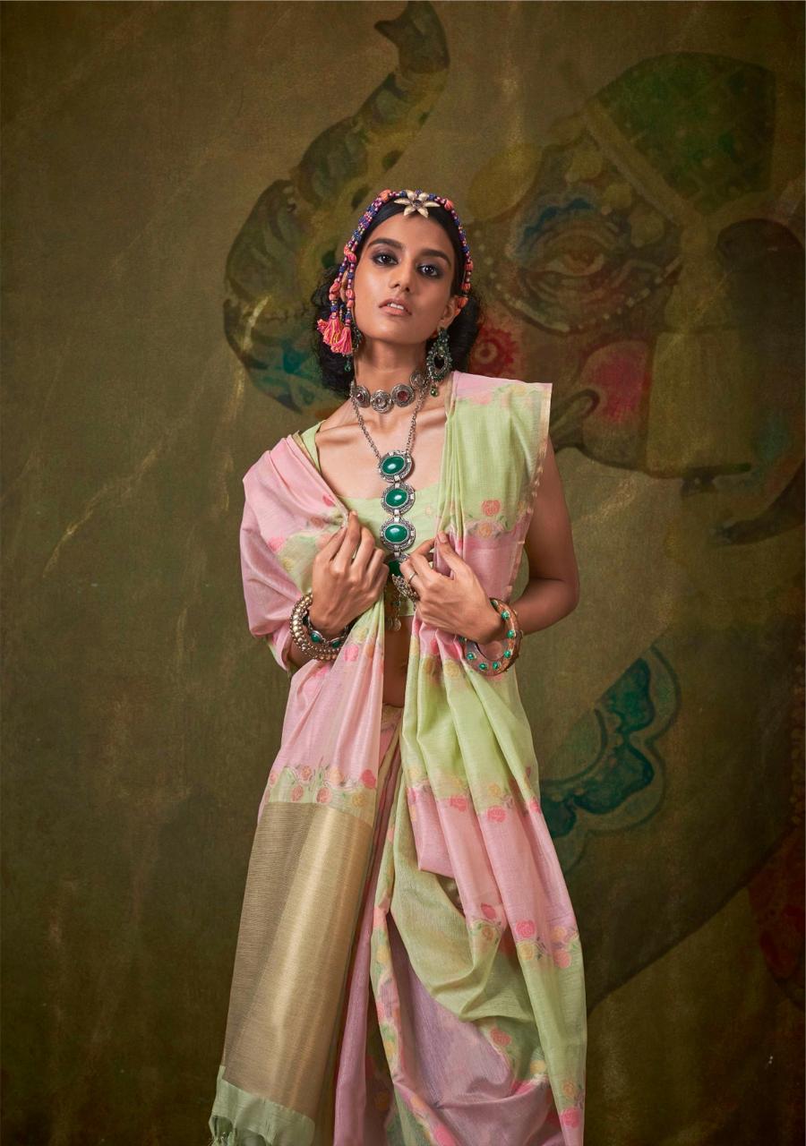 Hoorain | Blush Pistachio Banarasi Silk Rich Zari Resham Weaved Saree | Banarasii