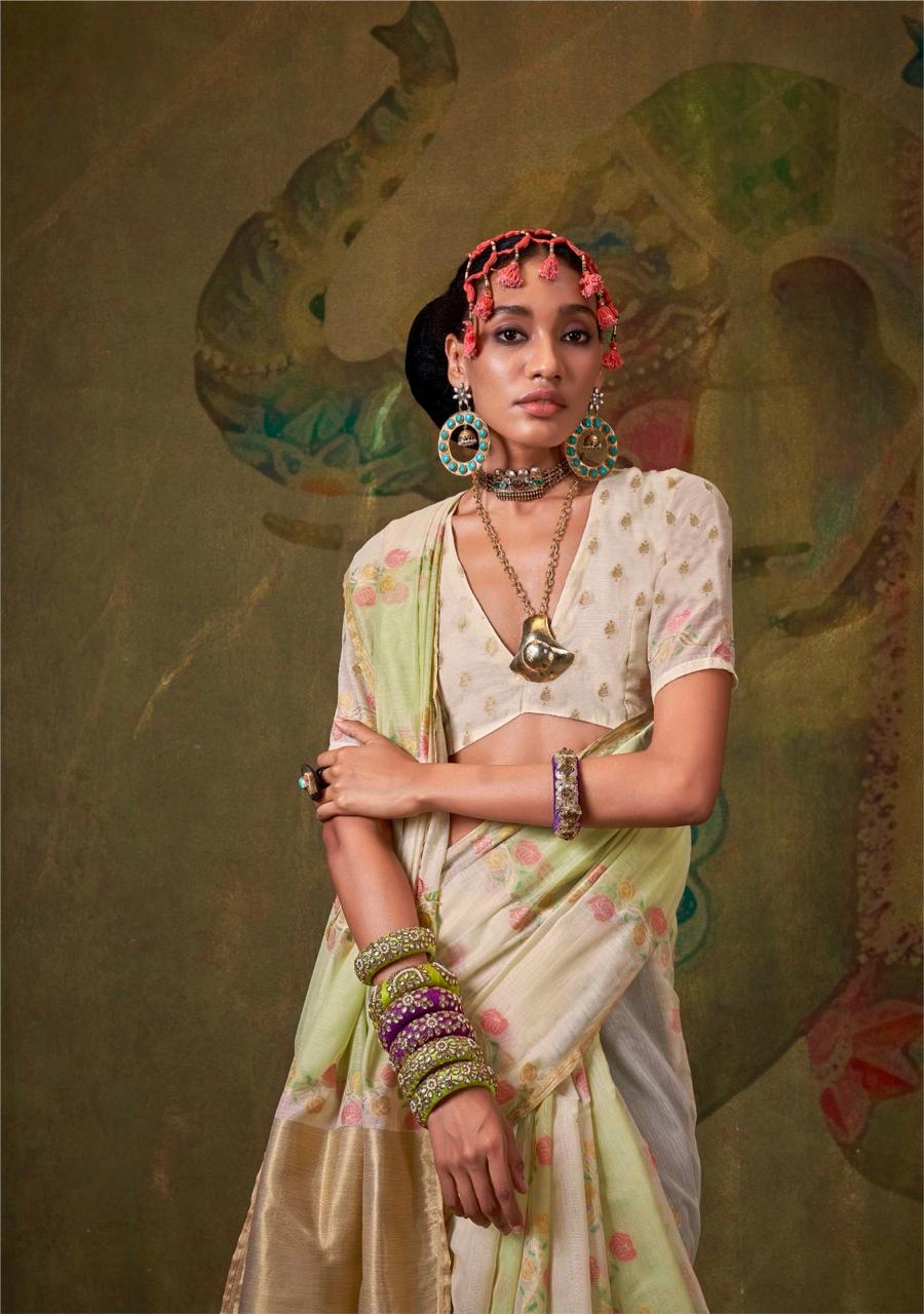 Hoorain | Ivory Pistachio Banarasi Silk Rich Zari Resham Weaved Saree | Banarasii