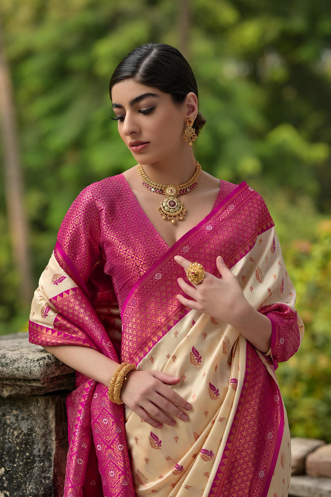 Bahaar | Ivory Rose Banarasi Silk Rich Zari Weaved Saree | Banarasii