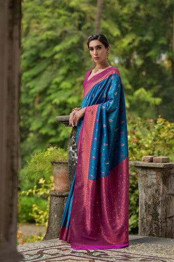 Bahaar | Peacock Blue Banarasi Silk Rich Zari Weaved Saree | Banarasii