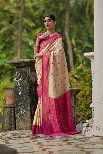 Bahaar | Ivory Rose Banarasi Silk Rich Zari Weaved Saree | Banarasii