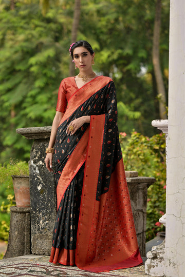 Bahaar | Onyx Black Banarasi Silk Rich Zari Weaved Saree | Banarasii