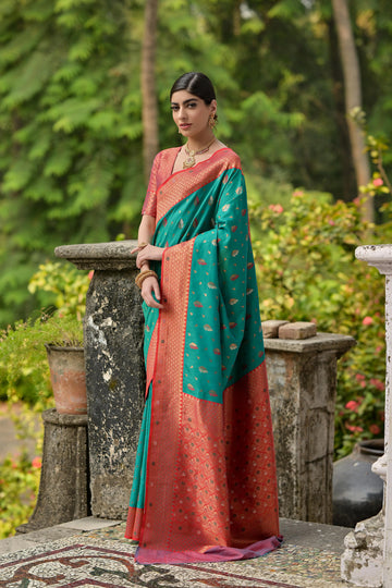 Bahaar | Tropical Teal Banarasi Silk Rich Zari Weaved Saree | Banarasii