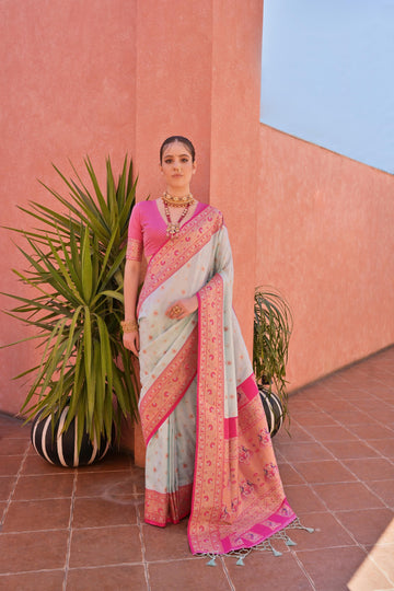 Naaz | Powder Mint Banarasi Silk Rich Zari Weaved Saree | Banarasii