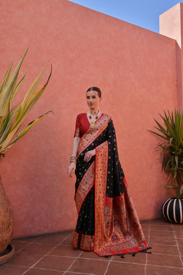 Naaz | Midnight Black Banarasi Silk Rich Zari Weaved Saree | Banarasii