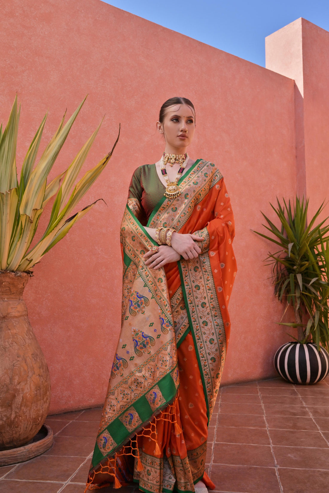 Naaz | Burnt Orange Banarasi Silk Rich Zari Weaved Saree | Banarasii