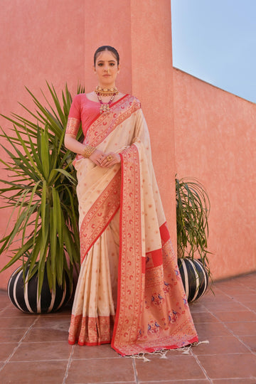 Naaz | Ivory Cream Banarasi Silk Rich Zari Weaved Saree | Banarasii