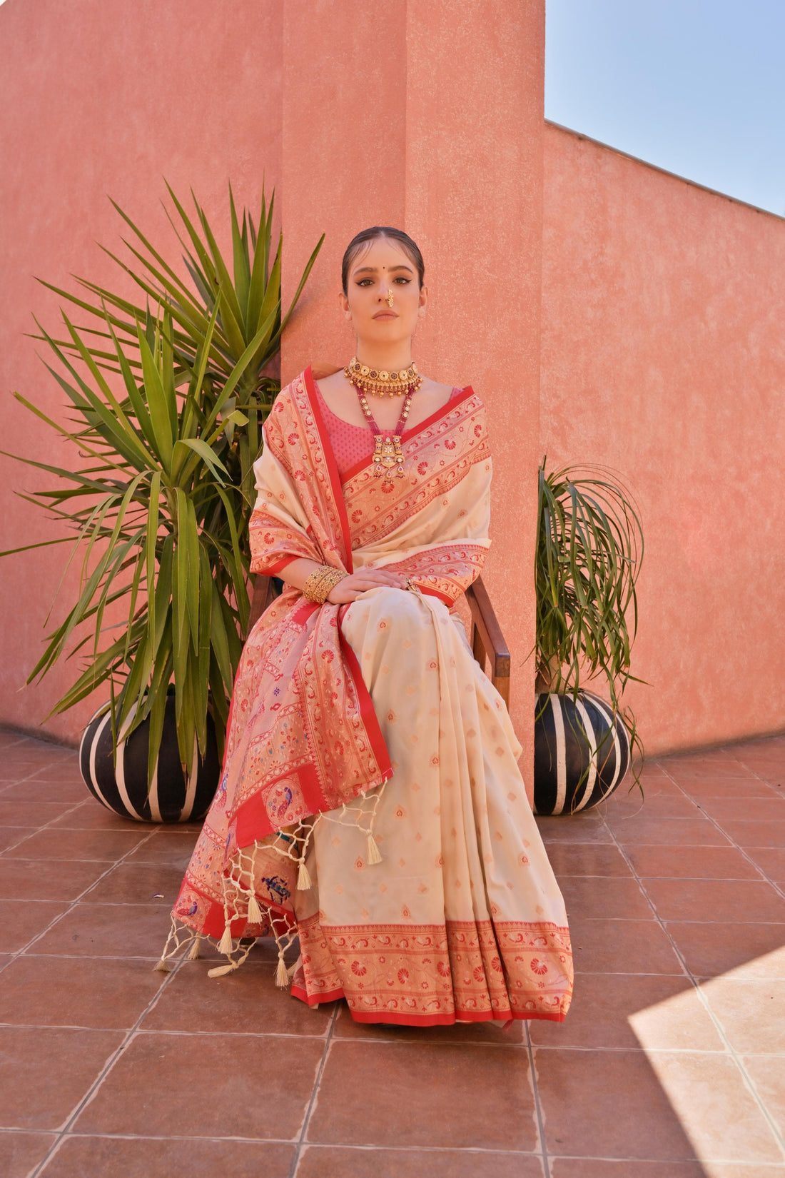 Naaz | Ivory Cream Banarasi Silk Rich Zari Weaved Saree | Banarasii