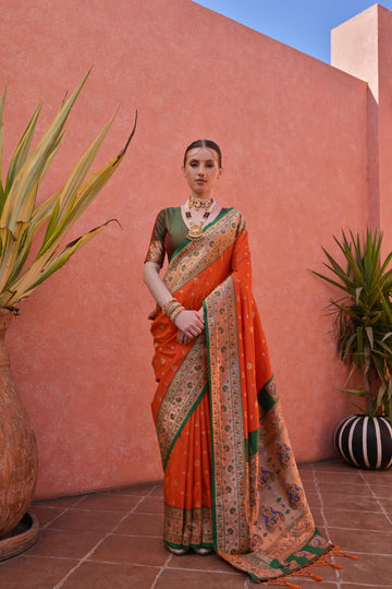 Naaz | Burnt Orange Banarasi Silk Rich Zari Weaved Saree | Banarasii